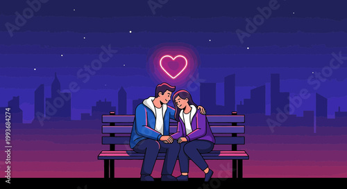 Couple on Bench, Romantic Heart Aura, Cityscape at Night, Love Illustration