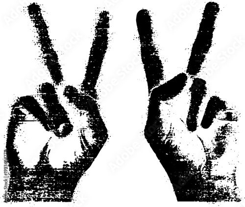 Witch hands making victory peace sign high contrast black and white ink trace for poster background and occult design