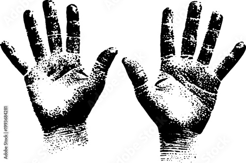 Witch open palms high contrast black and white ink traced hand prints for occult background and vintage texture design