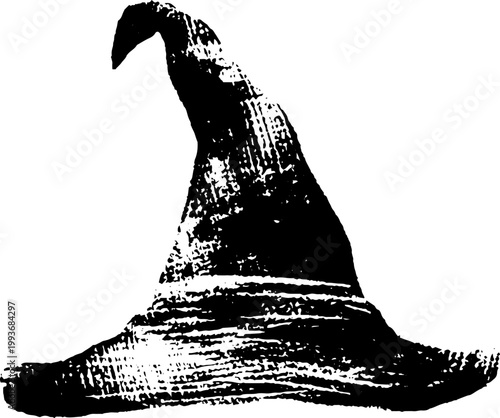 High contrast black and white ink witch hat illustration for halloween design background poster banner with rough brush texture and hand drawn effect