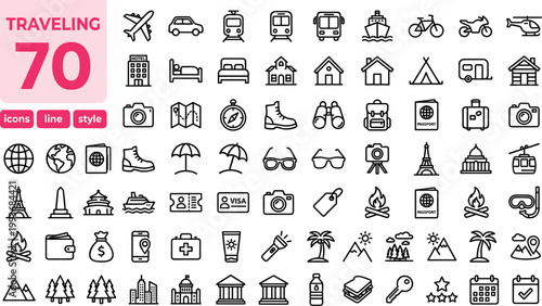 A set of 70 black line icons related to traveling on a pure white background, including symbols for transportation, landmarks, and activities