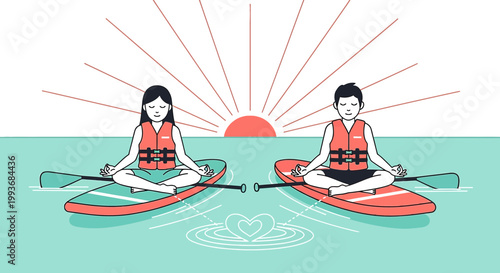 Couple meditating on paddleboards at sunrise, yoga, balance, love, connection