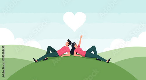Couple lying on green hills with heart symbol above, love and romance concept