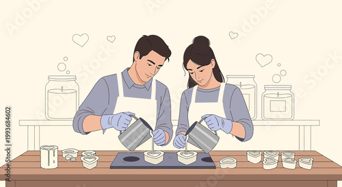 Couple making candles together, creative hobby, romantic activity, handmade craft
