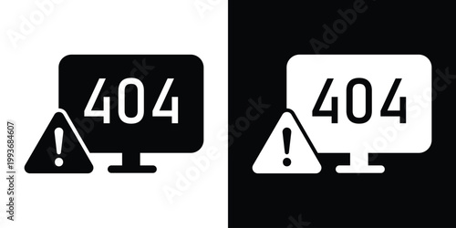 Vector icon of a laptop displaying a 404 error, accompanied by a warning triangle. Ideal for website error pages, UI design, and technical support concepts. High contrast black and white design.