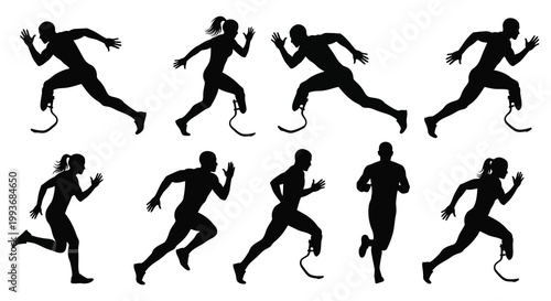 A diverse group of athletes in dynamic running poses including those with prosthetic limbs showcased in black silhouette high quality professional