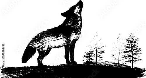 Black and white ink howling wolf standing on ridge with trees and brushstroke texture for dramatic wallpaper or poster