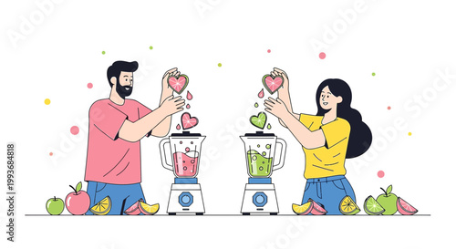Couple Making Healthy Smoothies with Heart Ingredients