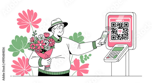 Elderly man with flowers making contactless payment using smartphone in vector illustration