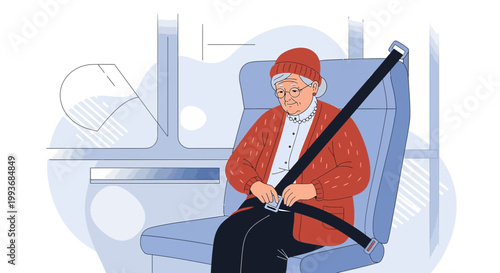 Elderly passenger fastening safety belt for a secure ride showcasing careful travel practices and