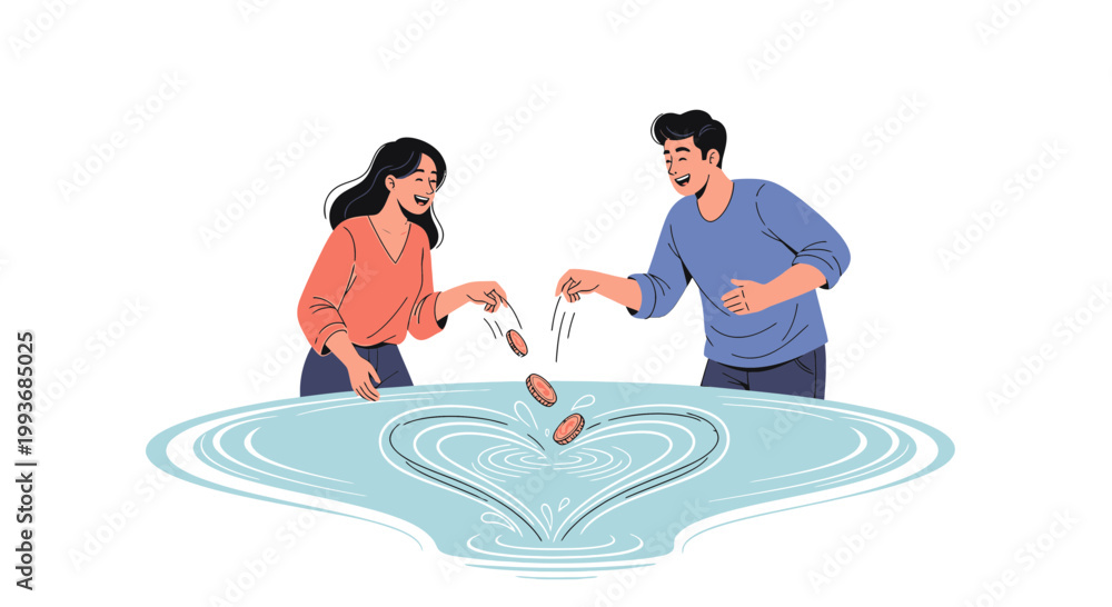 Fototapeta premium Couple Making Heart Shape in Water with Falling Coins