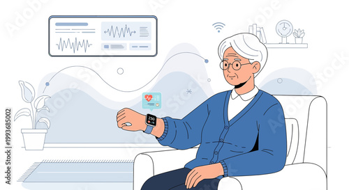 Elderly woman monitoring health data using smartwatch indoors for assisted living