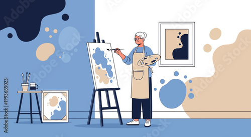 Elderly woman painting abstract art at home, creative passion during retirement years using