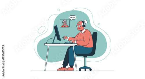 Elderly woman participates in a virtual meeting on computer, showing intergenerational connection