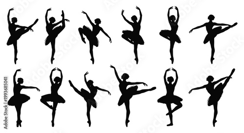 A collection of black silhouettes depicting ballerinas in dynamic poses illustrating grace and artistry silhouette high quality professional detailed modern elegant