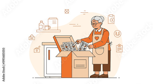 Elderly woman organizes medication in kitchen, promoting wellness, care and pharmaceutical