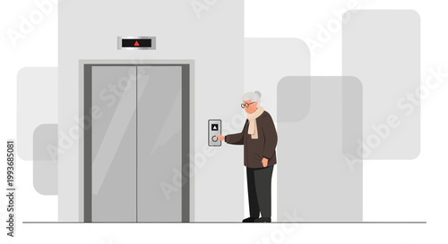 Elderly woman pressing the elevator button, Illustration of a gray elevator with an old lady,