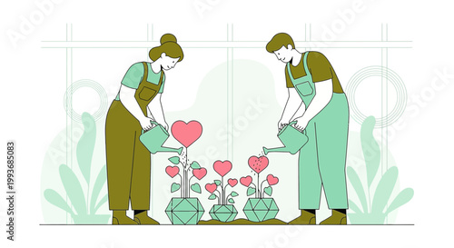 Couple Nurturing Love Hearts Growing in Pots - Relationship Growth Concept