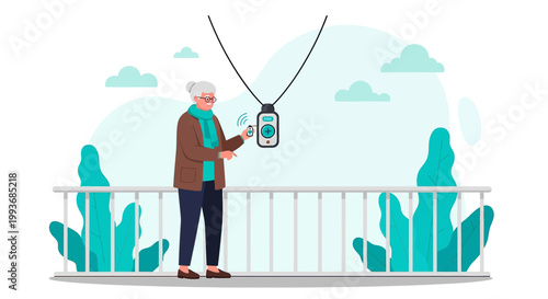 Elderly woman using remote control with wearable safety device for assistance and care concept