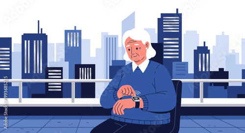 Elderly woman using smartwatch with cityscape backdrop promotes accessibility for seniors