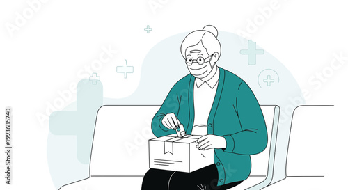Elderly woman wearing protective mask putting medicine bottle into a cardboard box