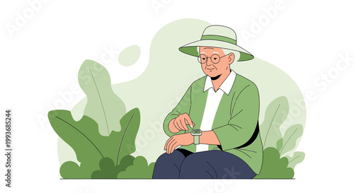Elderly woman with hat checking modern smartwatch surrounded by leafy greenery