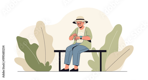 Elderly woman with smartwatch sitting on bench in park enjoying a leisurely afternoon outdoors