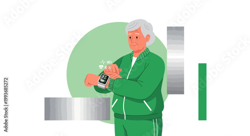 Elderly woman wearing a smart watch monitors her health actively and efficiently