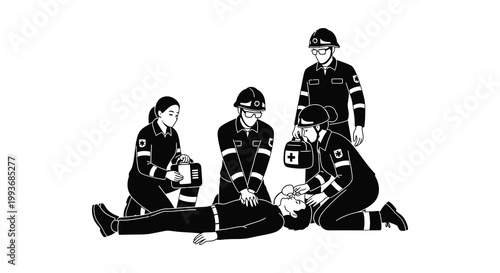 A group of medical personnel attending to an injured person depicted in a striking black silhouette high quality professional detailed modern