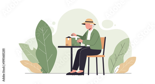 Elderly woman with hat opening a box in a serene garden setting illustration