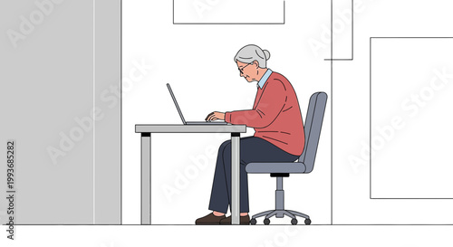 Elderly woman working on laptop with focused and determined expression in her study room