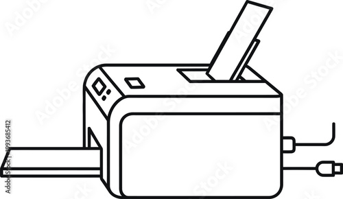 Black and white illustration of a printer machine with paper being fed into it and coming out