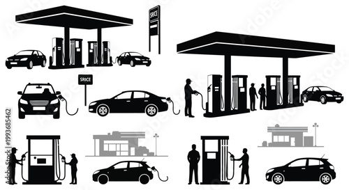 A collection of black silhouettes depicting a gas station with cars and people fueling showcasing various scenes high quality professional detailed