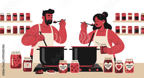 Couple Making Jam Together, Homemade Food Production, Kitchen Activity