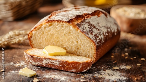 A loaf of bread with butter on top of a slice