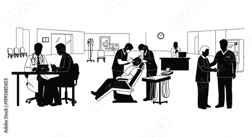 A busy hospital scene depicts doctors interacting with patients and staff rendered as a striking black silhouette high quality professional detailed