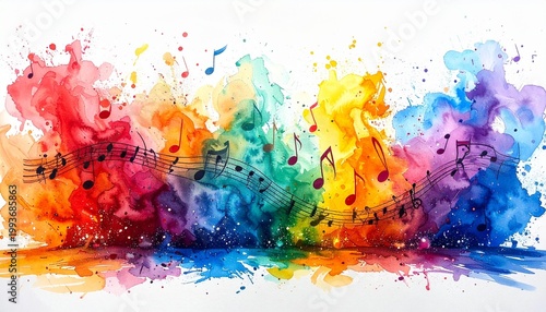 Colorful abstract wave of rainbow hues with musical notes flowing