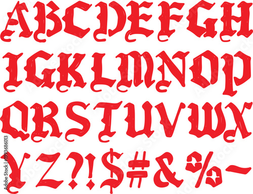 Elegant red old english font set featuring the complete alphabet letters from a through z alongside essential symbols and punctuation marks displayed in a bold gothic calligraphy style suitable for ar