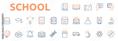 School icon set color outline style with book, open book, writing, presentation, exercise, school icons