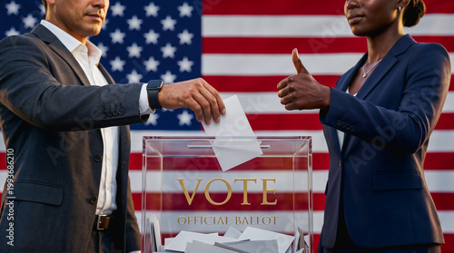 banner encouraging voting in local elections, Latino man voting and casts a ballot and a woman endorses his choice to vote for federal office