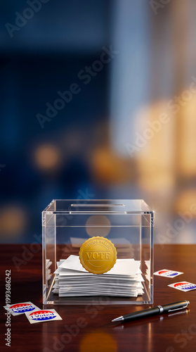 Vertical poster with a transparent box for ballots at the polling station, with ballots inside, copy space for text, and the importance of voting in elections for all branches of government