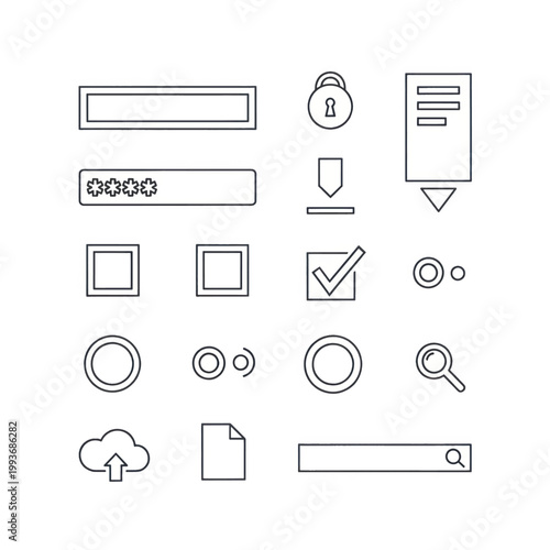 Collection of outlined user interface icons including login fields, search, cloud, and documents.