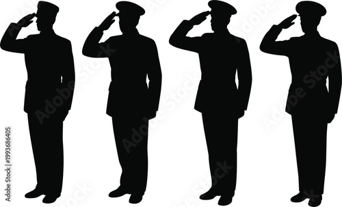 Military officer silhouettes saluting, formal uniform personnel honoring gesture for ceremony patriotism and national service representation