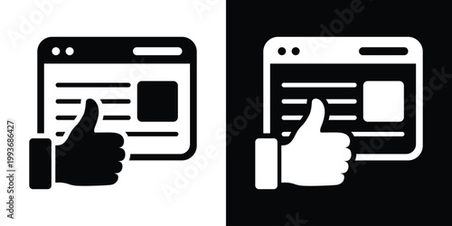 Browser window displaying content lines and a thumbs up icon. Concept for liked articles, blog posts, reviews, or positive feedback in web design. Simple, professional flat vector graphic.