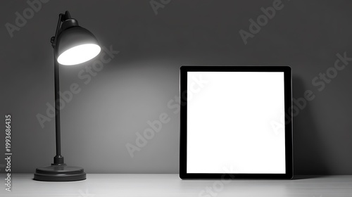 Modern black desk lamp and digital tablet on white table