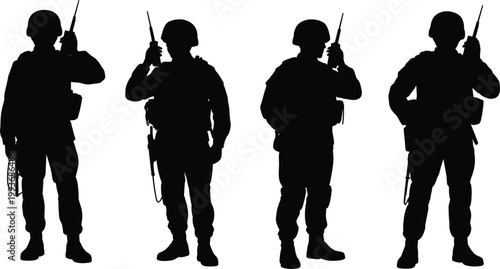 Soldier silhouettes using radio communication devices, military personnel coordination for tactical operations and field command activities