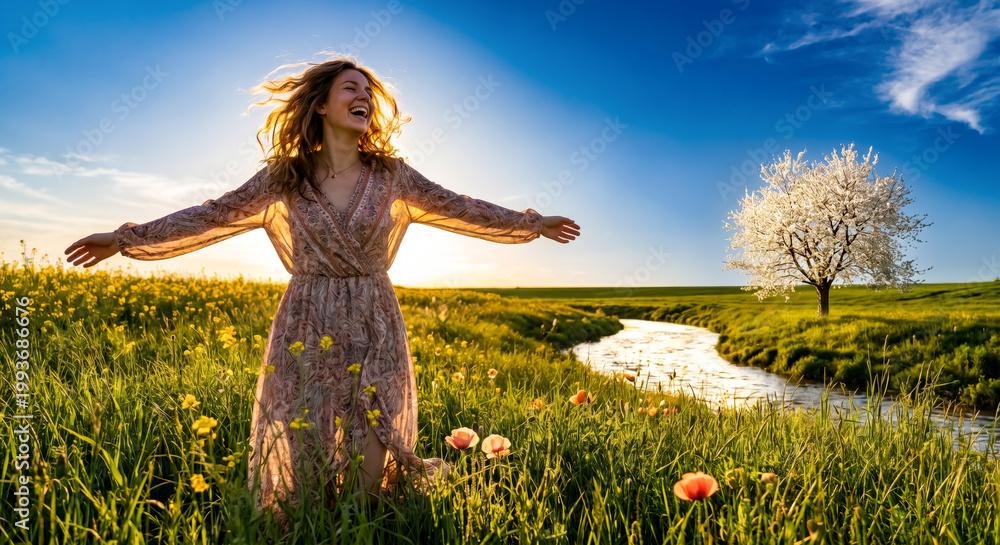 Obraz premium Woman in floral dress laughs with open arms in a sunny flower field.