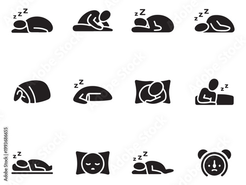 Sleeping Poses and Bedtime Routine Icon Set, Night Sleep Cycle Silhouette Vector
