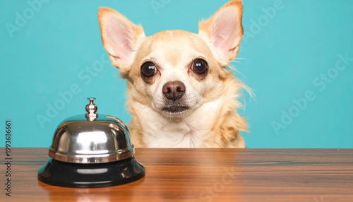 Chihuahua sitting at table with silver service bell turquoise background
