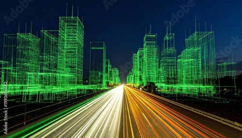 Futuristic wireframe cityscape with highway light trails at night